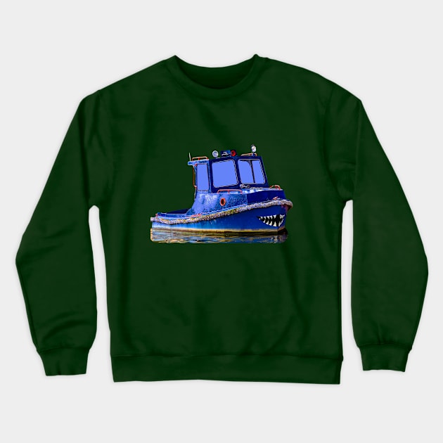 A Blue boat with shark jaws painted on its bow Crewneck Sweatshirt by dalyndigaital2@gmail.com